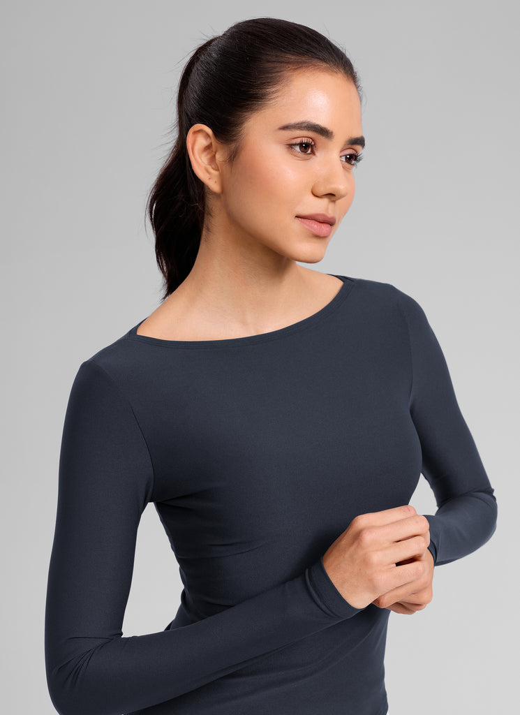 CRZ YOGA Women's Cloudweight Casual Boat Neck Tight Fit Long Sleeve Hot Fudge Brown