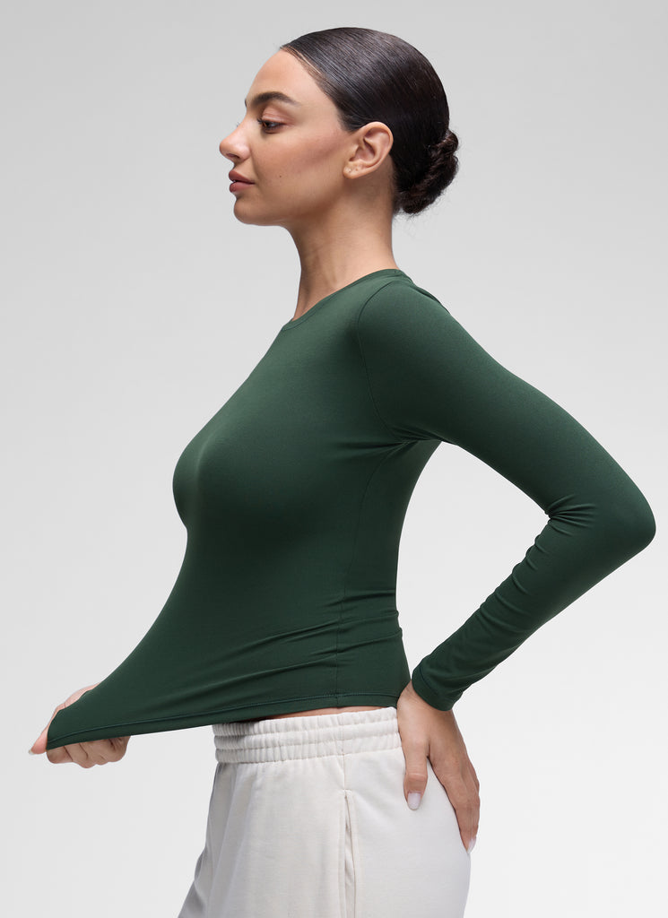 CRZ YOGA Women's Crew Neck Tight Fit Long Sleeve Shirts Casual Tee Green Palm Court