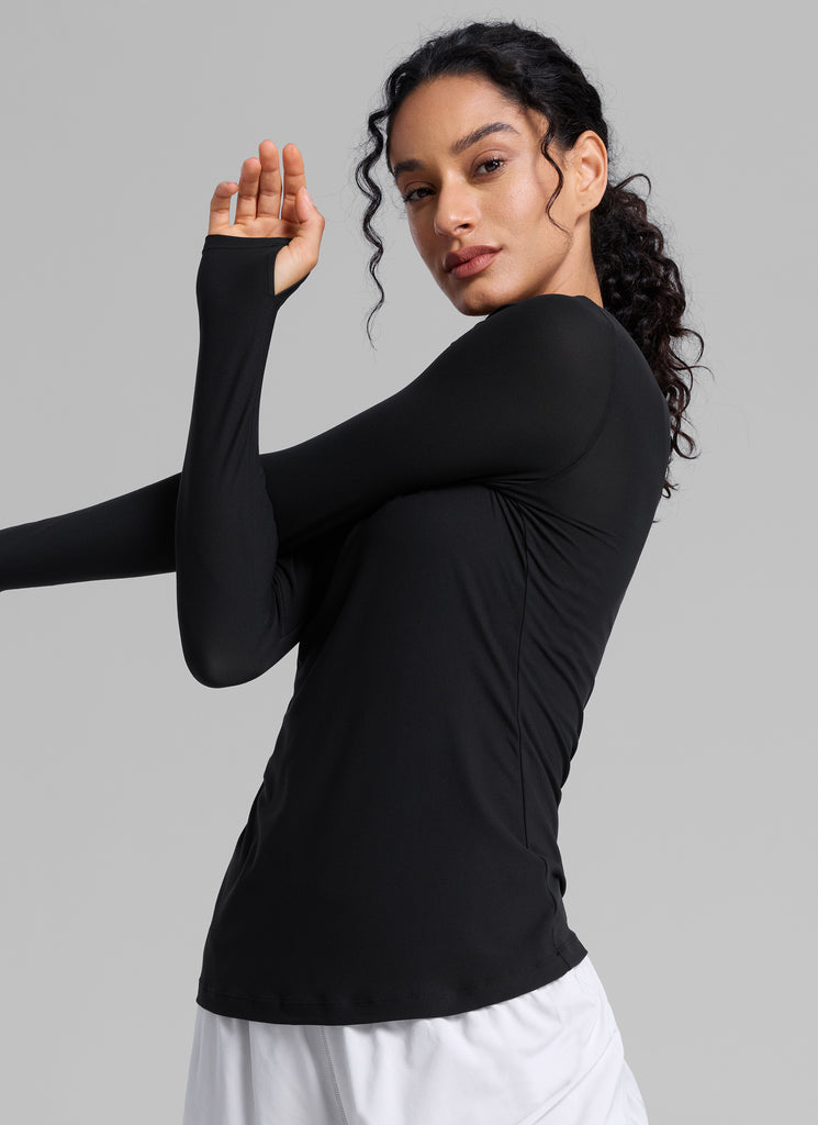 CRZYOGA Women's Cloudweight Workout Crewneck Long Sleeve Thumb Hole Black