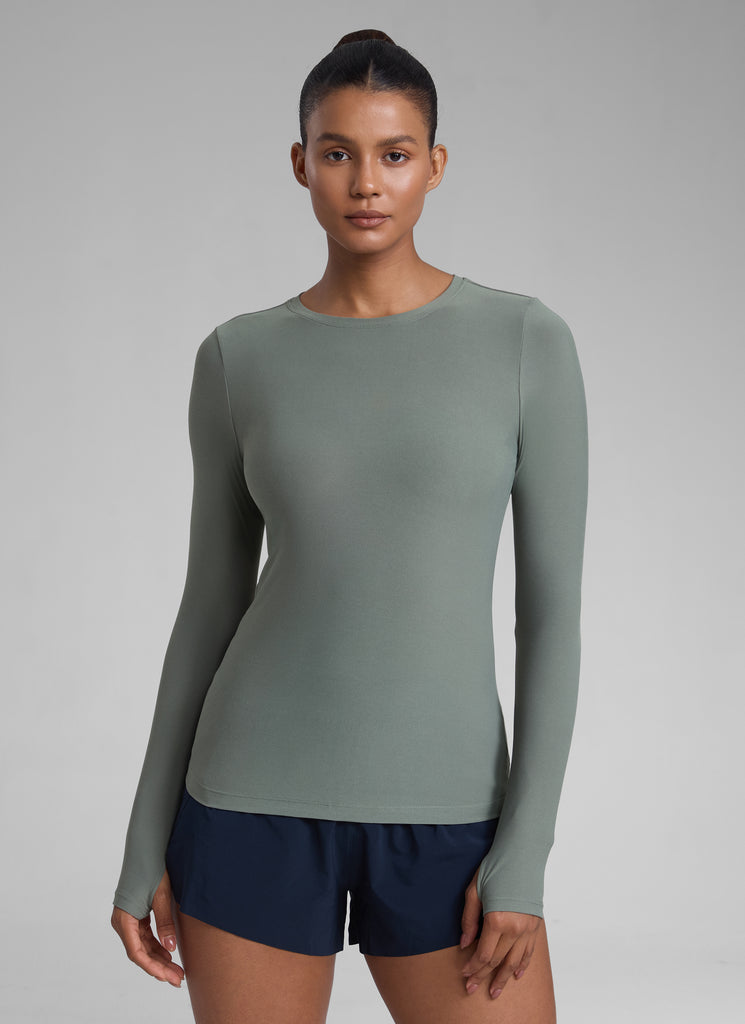 CRZYOGA Women's Cloudweight Workout Crewneck Long Sleeve Thumb Hole Grey Sage