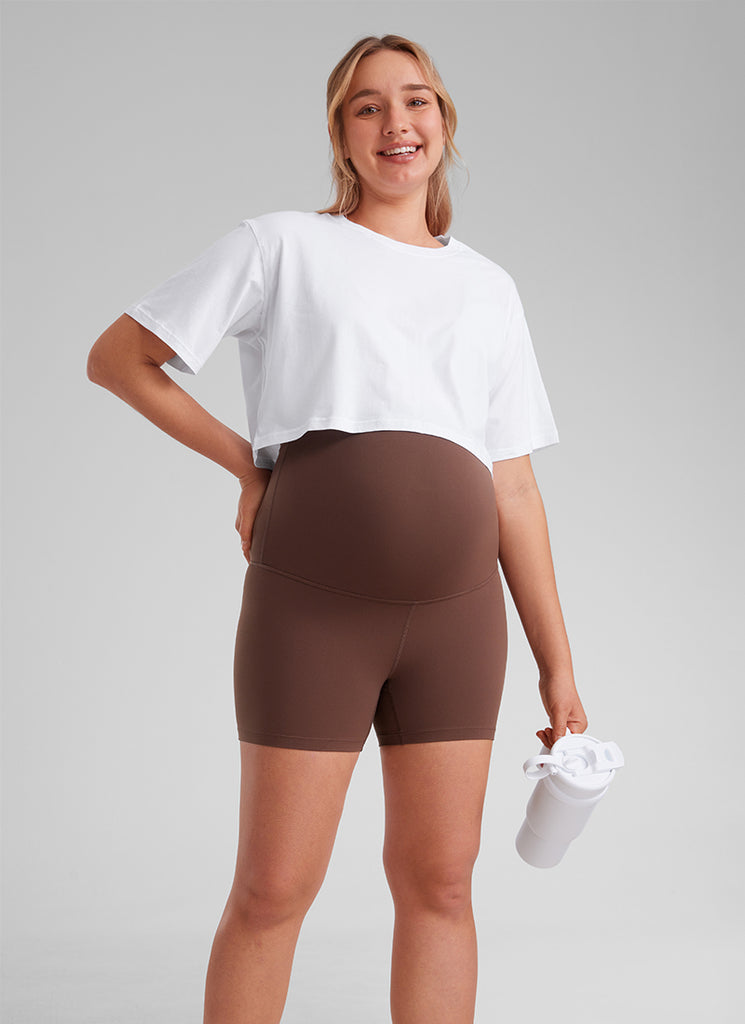 CRZ YOGA Women's Maternity Biker Shorts Super High Rise Butterluxe 4'' Coffee Brown