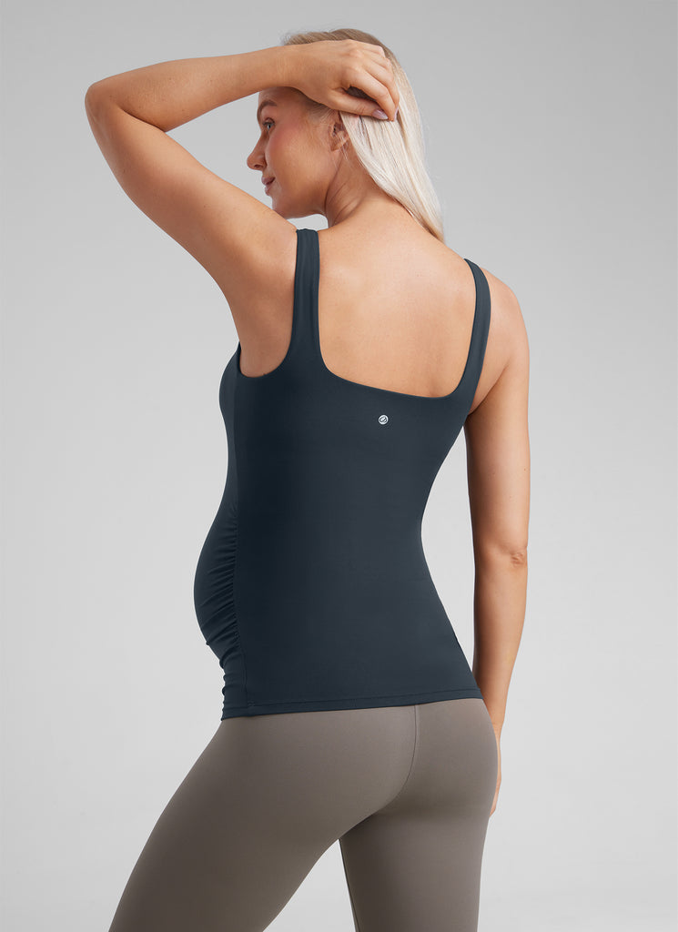 CRZ YOGA  Women's Square Neck Maternity Tank Tops Ruched Sleeveless Black
